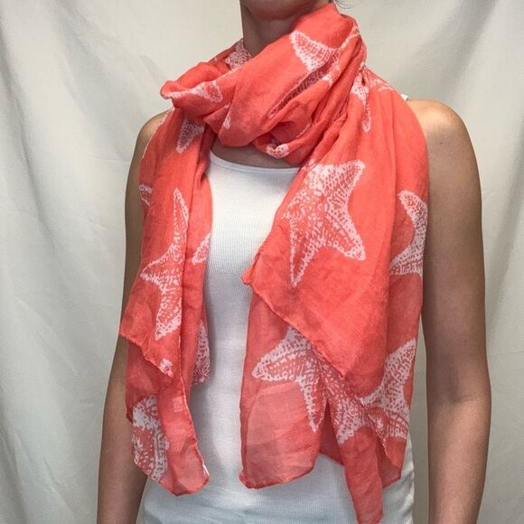 Unbranded Women's Rectangle Starfish Sheer Neck Scarf Coral Salmon Pink White OS - Picture 1 of 7